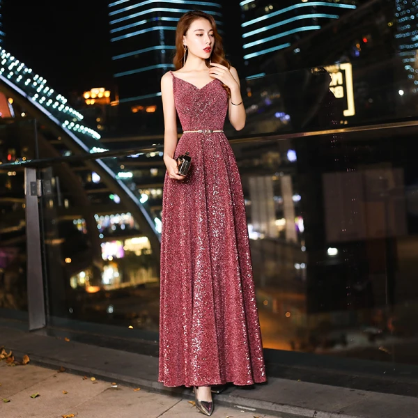 Bling Bling Bordeaux Paillettes Robe De Soirée 2019 Princesse Bretelles Spaghetti Sans Manches Dos Nu Métal Ceinture Longue Robe De Ceremonie
