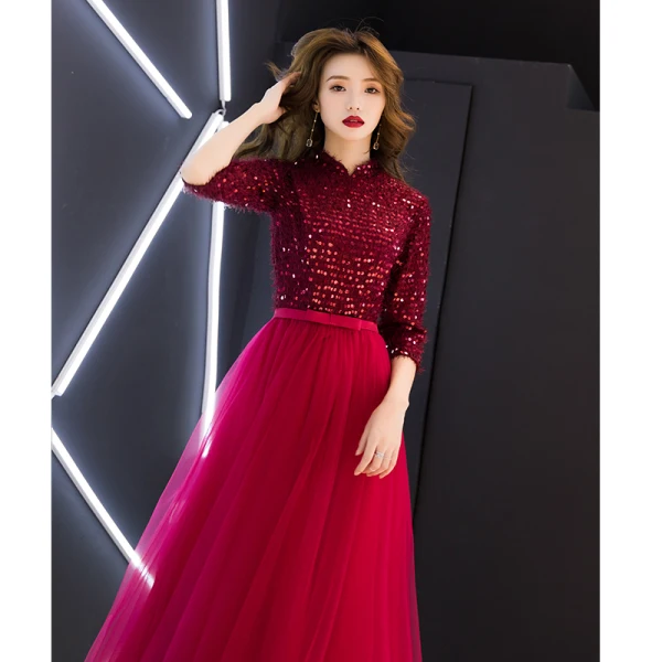 Chinese style Burgundy Evening Dresses 2019 A-Line / Princess High Neck Tassel Sequins Bow 1/2 Sleeves Floor-Length / Long Formal Dresses