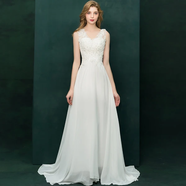Moderne / Mode Ivoire Robe De Soirée 2019 Princesse V-Cou Appliques En Dentelle Paillettes Sans Manches Dos Nu Train De Balayage Robe De Ceremonie