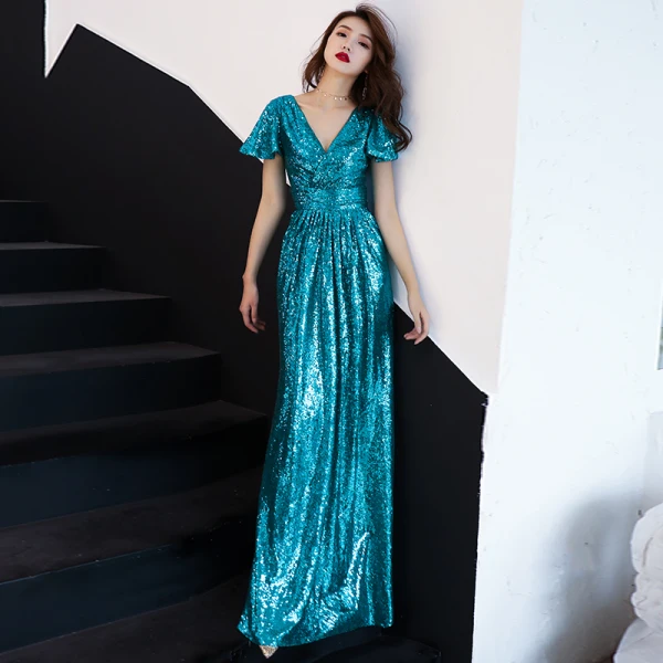 Scintillantes Bleu Marine Paillettes Robe De Soirée 2019 Princesse V-Cou Manches Courtes Dos Nu Longue Robe De Ceremonie