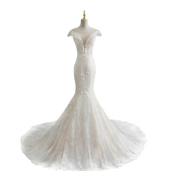 Charming White Trumpet / Mermaid Wedding Dresses 2021 Scoop Neck Pearl Lace Flower Cap Sleeves Chapel Train Wedding