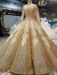 Luxe Doré Robe De Mariée 2019 Robe Boule Glitter Tulle Encolure Dégagée Perlage Cristal Gland En Dentelle Fleur Manches Longues Dos Nu Royal Train