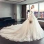Chic / Belle Champagne Robe De Mariée 2019 Princesse Bustier Perlage En Dentelle Fleur Sans Manches Dos Nu Noeud Royal Train