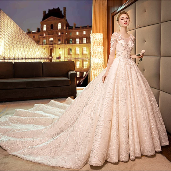 Luxury / Gorgeous Champagne Wedding Dresses 2019 A-Line / Princess Scoop Neck Lace Flower Appliques 3/4 Sleeve Backless Glitter Tulle Royal Train