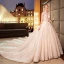 Luxury / Gorgeous Champagne Wedding Dresses 2019 A-Line / Princess Scoop Neck Lace Flower Appliques 3/4 Sleeve Backless Glitter Tulle Royal Train