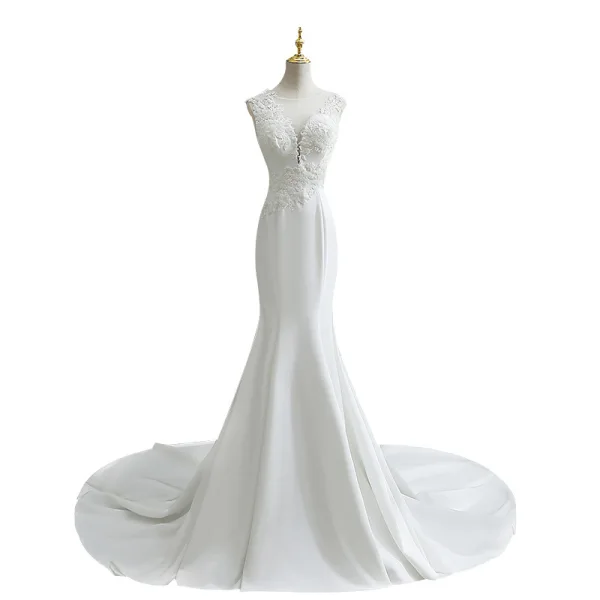 Élégant Ivoire Trompette / Sirène Satin Robe De Mariée 2021 Encolure Dégagée Sans Manches Perlage En Dentelle Fleur Chapel Train Mariage