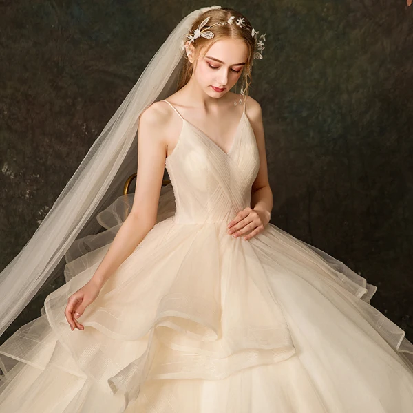 Elegant Champagne Wedding Dresses 2019 Ball Gown Backless Spaghetti Straps Sleeveless Cascading Ruffles Floor-Length / Long