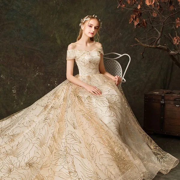 Elegant Champagne Wedding Dresses 2019 A-Line / Princess Off-The-Shoulder Glitter Embroidered Short Sleeve Backless Royal Train
