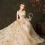 Elegant Champagne Wedding Dresses 2019 A-Line / Princess Off-The-Shoulder Glitter Embroidered Short Sleeve Backless Royal Train