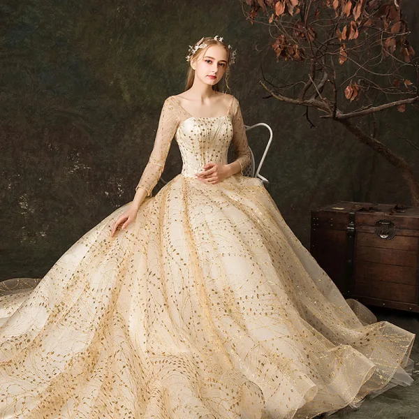 Scintillantes Champagne Robe De Mariée 2019 Princesse Encolure Carrée Glitter Brodé 3/4 Manches Dos Nu Royal Train