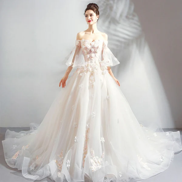 Charming Champagne Wedding Dresses 2019 A-Line / Princess Off-The-Shoulder Appliques Embroidered Pearl 3/4 Sleeve Backless Cathedral Train