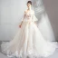Charming Champagne Wedding Dresses 2019 A-Line / Princess Off-The-Shoulder Appliques Embroidered Pearl 3/4 Sleeve Backless Cathedral Train