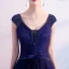Chic / Beautiful Navy Blue Evening Dresses  2019 A-Line / Princess V-Neck Beading Lace Flower Bow Sleeveless Backless Floor-Length / Long Formal Dresses