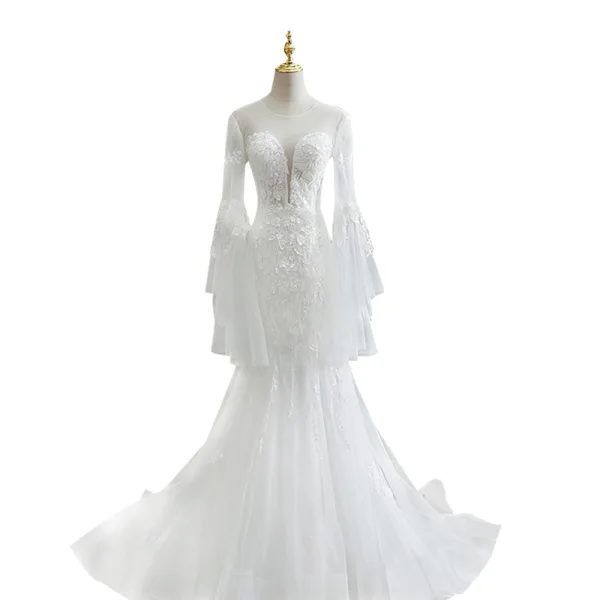Elegant White Trumpet / Mermaid Wedding Dresses 2021 Scoop Neck Beading Lace Flower Long Sleeve Backless Cathedral Train Wedding