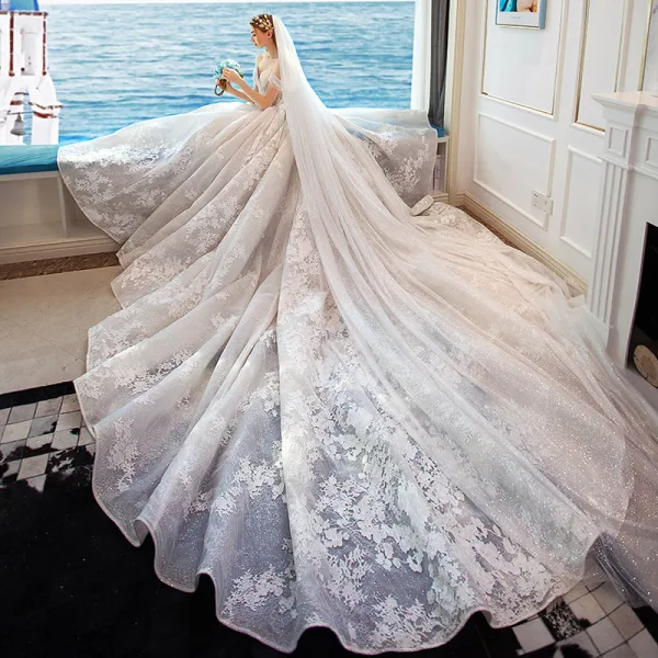 Charming Ivory Wedding Dresses 2019 A-Line / Princess Off-The-Shoulder Lace Flower Sleeveless Backless Royal Train