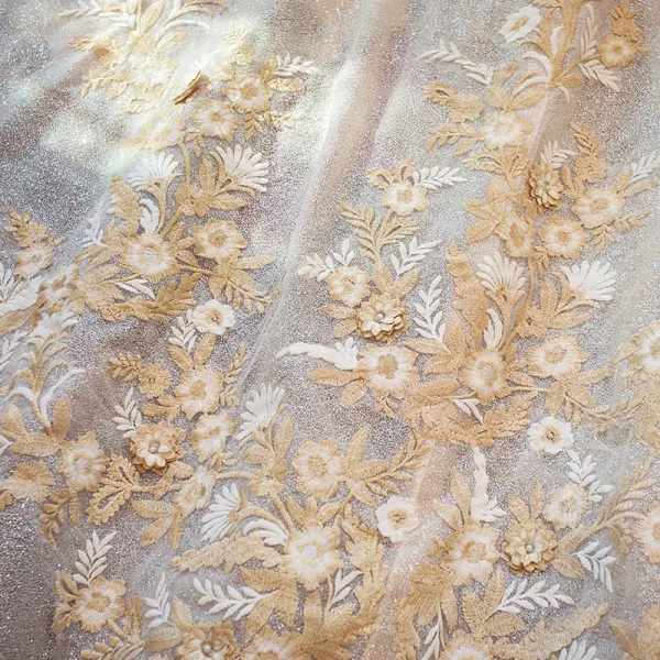 Luxury / Gorgeous Champagne Glitter Tulle Wedding Dresses 2019 A-Line / Princess Off-The-Shoulder Lace Embroidered Backless Royal Train