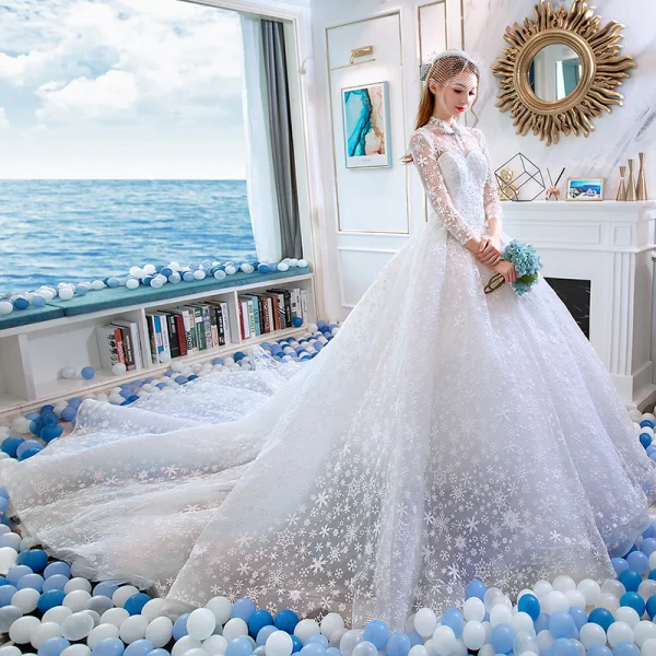 Chinese style Ivory Beading Wedding Dresses 2019 A-Line / Princess High Neck Bow Pearl Lace Flower Rhinestone Tassel Sequins 3/4 Sleeve Royal Train