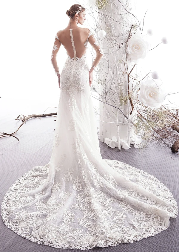 Charmant Ivoire Robe De Mariée 2019 Trompette / Sirène Transparentes Encolure Dégagée Perlage En Dentelle Fleur 3/4 Manches Chapel Train