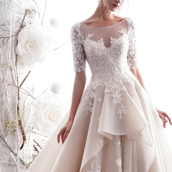 Luxury / Gorgeous Champagne Wedding Dresses 2019 A-Line / Princess Scoop Neck Beading Lace Flower 1/2 Sleeves Backless Floor-Length / Long