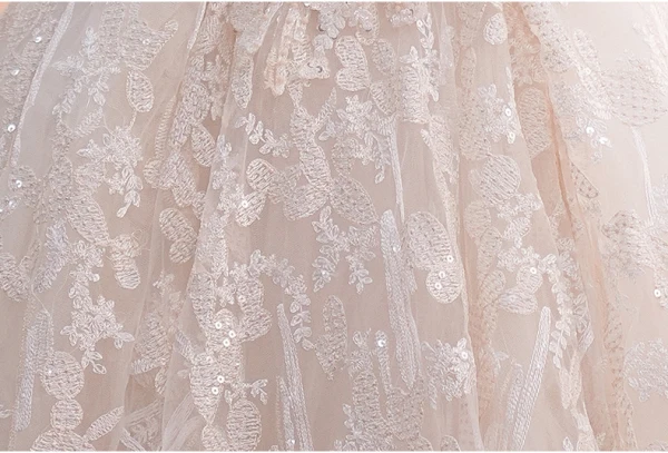 Charmant Champagner Brautkleider / Hochzeitskleider 2019 A Linie Off Shoulder Perlenstickerei Quaste Spitze Blumen Pailletten Kurze Ärmel Rückenfreies Königliche Schleppe