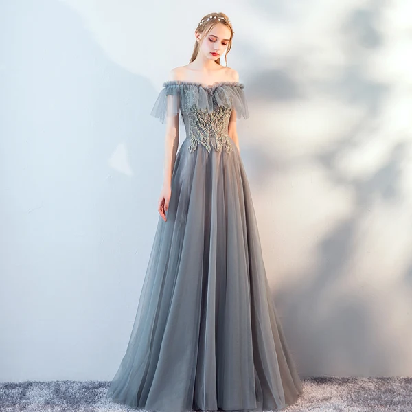 Modern / Fashion Grey Lace Flower Evening Dresses  2019 A-Line / Princess Off-The-Shoulder Beading Short Sleeve Backless Floor-Length / Long Formal Dresses