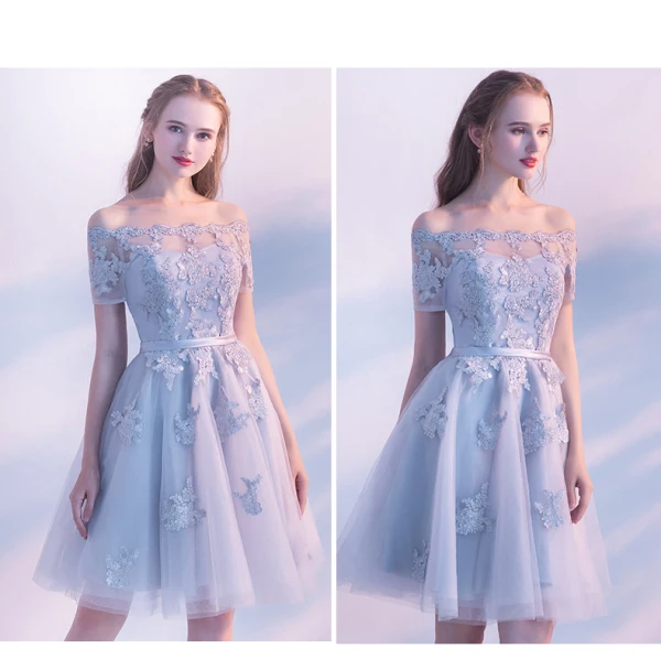 Chic / Beautiful Grey Graduation Dresses 2019 A-Line / Princess Off-The-Shoulder Lace Flower Sash Short Sleeve Backless Knee-Length Formal Dresses
