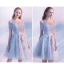 Chic / Beautiful Grey Graduation Dresses 2019 A-Line / Princess Off-The-Shoulder Lace Flower Sash Short Sleeve Backless Knee-Length Formal Dresses