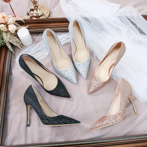 Glittrande Champagne Paljetter Brudskor 2021 Läder 10 cm Stilettklackar Spetsiga Bröllop Pumps Högklackade