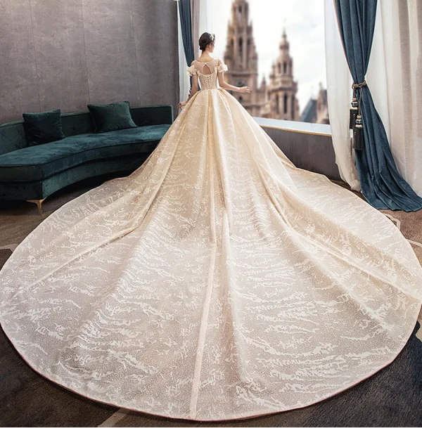 Luxe Champagne Robe De Mariée 2019 Robe Boule Encolure Dégagée Noeud En Dentelle Fleur Manches Courtes Dos Nu Royal Train