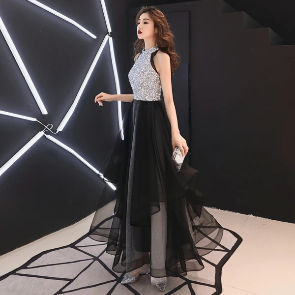 Modern / Fashion Black Evening Dresses  2019 A-Line / Princess Scoop Neck Sequins Sleeveless Floor-Length / Long Formal Dresses