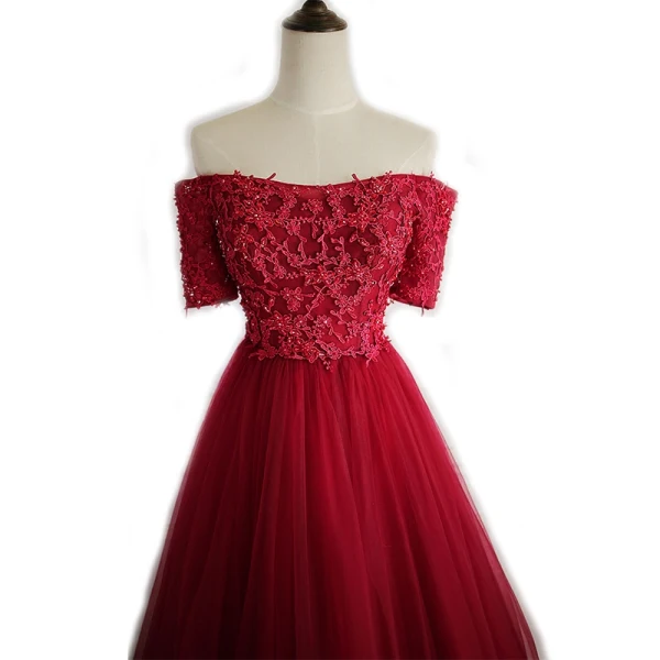 Chic / Beautiful Red Prom Dresses 2018 A-Line / Princess Crystal Beading Appliques Off-The-Shoulder Backless Short Sleeve Floor-Length / Long Formal Dresses