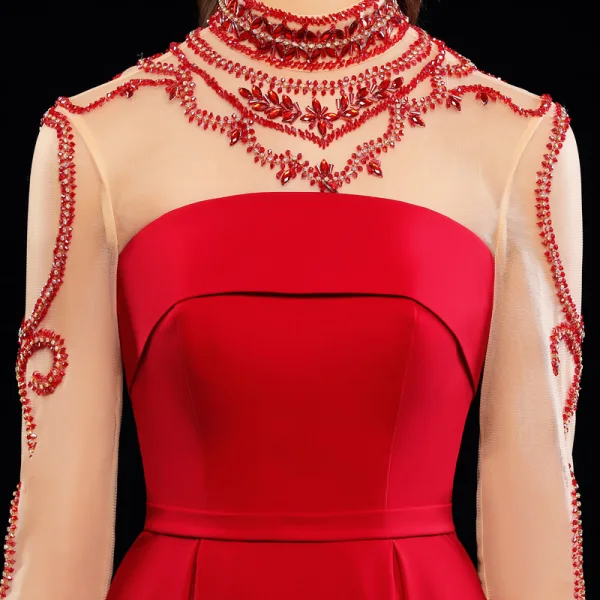 Chic / Belle Bordeaux Robe De Soirée 2019 Princesse Col Haut Perlage Cristal 3/4 Manches Dos Nu Train De Balayage Robe De Ceremonie