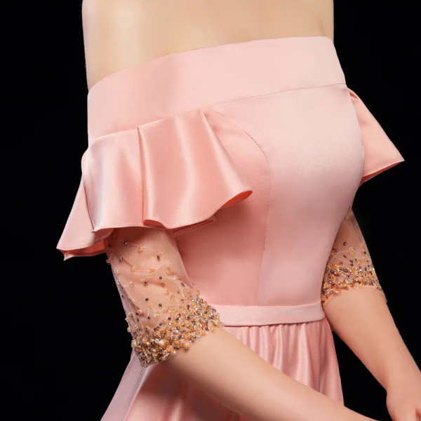 Modest / Simple Pearl Pink Evening Dresses 2019 A-Line / Princess Off-The-Shoulder Sash Short Sleeve Backless Sweep Train Formal Dresses