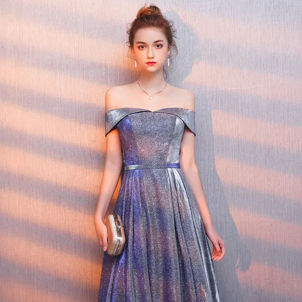 Modern / Fashion Starry Sky Purple Evening Dresses 2019 A-Line / Princess Off-The-Shoulder Glitter Polyester Sash Short Sleeve Backless Floor-Length / Long Formal Dresses