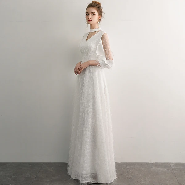 Élégant Ivoire Robe De Soirée 2019 Princesse Encolure Dégagée Gland 3/4 Manches Longue Robe De Ceremonie