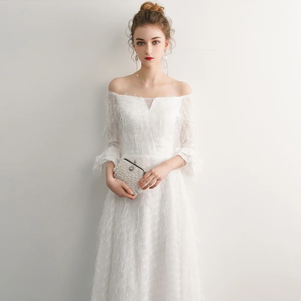 Elegant Ivory Evening Dresses 2019 A-Line / Princess Off-The-Shoulder Tassel 3/4 Sleeve Backless Floor-Length / Long Formal Dresses