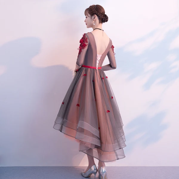 Modern / Fashion Burgundy Cocktail Dresses 2019 A-Line / Princess V-Neck Appliques Bow 1/2 Sleeves Backless Asymmetrical Formal Dresses