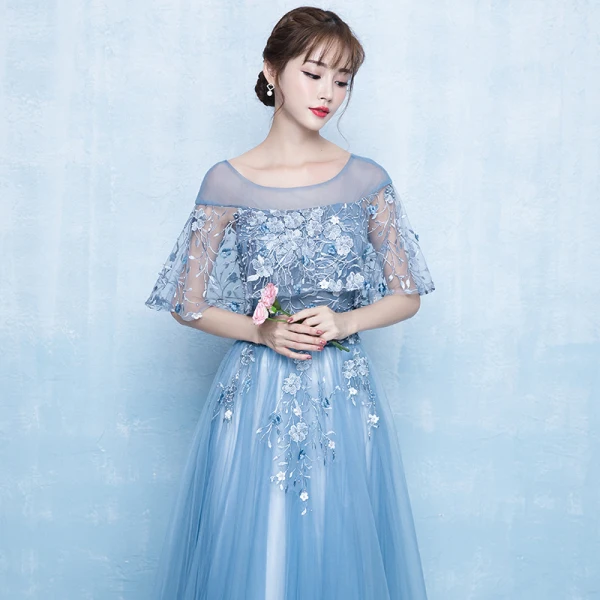Elegant Pool Blue Prom Dresses 2019 A-Line / Princess Scoop Neck Appliques Lace Flower Pearl 1/2 Sleeves Backless Floor-Length / Long Formal Dresses