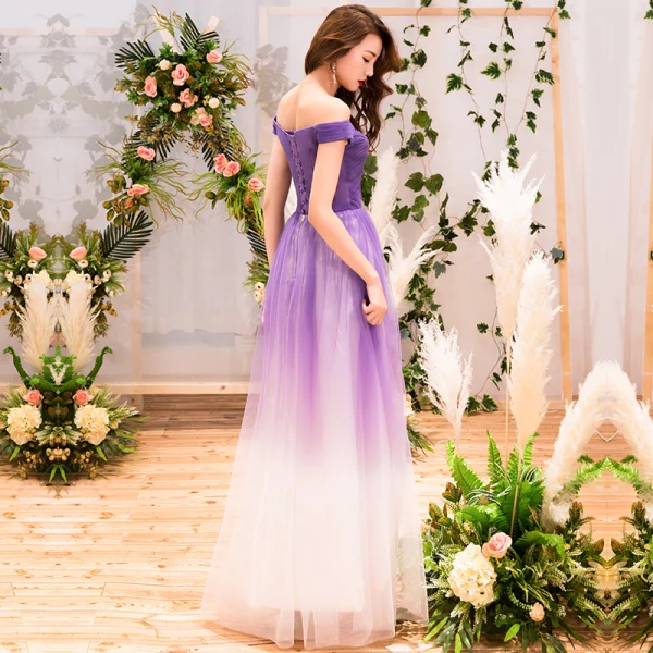 Chic / Beautiful Purple Gradient-Color Evening Dresses 2019 A-Line / Princess Off-The-Shoulder Short Sleeve Backless Floor-Length / Long Formal Dresses