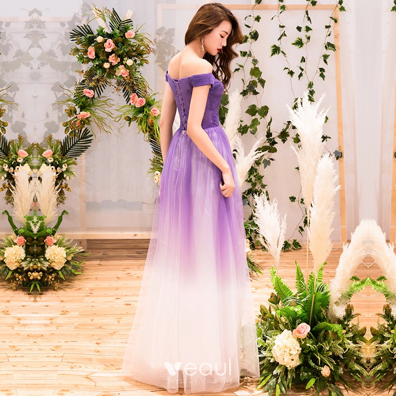 Chic Belle Violet Degrade De Couleur Robe De Soiree 2019 Princesse De l epaule Manches Courtes