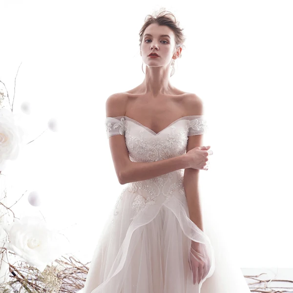 Modern / Fashion Champagne Wedding Dresses 2019 A-Line / Princess Off-The-Shoulder Beading Lace Flower Short Sleeve Backless Royal Train