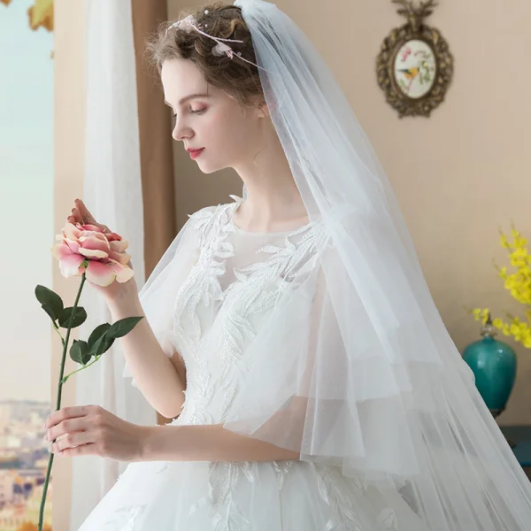 Chic / Beautiful Ivory Wedding Dresses 2018 Ball Gown Appliques Scoop Neck Backless 1/2 Sleeves Royal Train Wedding