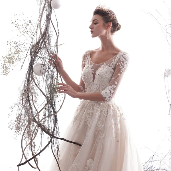 Elegant Champagne Wedding Dresses 2019 A-Line / Princess Scoop Neck Beading Lace Flower Appliques 1/2 Sleeves Backless Chapel Train