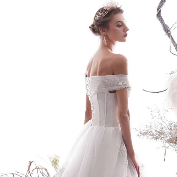 Elegant Ivory 2019 Wedding Dresses A-Line / Princess Off-The-Shoulder Beading Sequins Lace Flower Short Sleeve Backless Royal Train