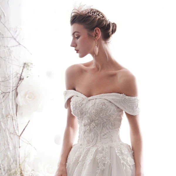 Elegant Ivory Wedding Dresses 2019 A-Line / Princess Off-The-Shoulder Beading Lace Flower Short Sleeve Backless Cathedral Train