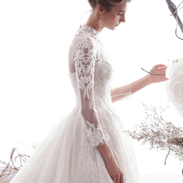 Elegant Ivory Wedding Dresses A-Line / Princess 2019 High Neck Beading Lace Flower 3/4 Sleeve Chapel Train