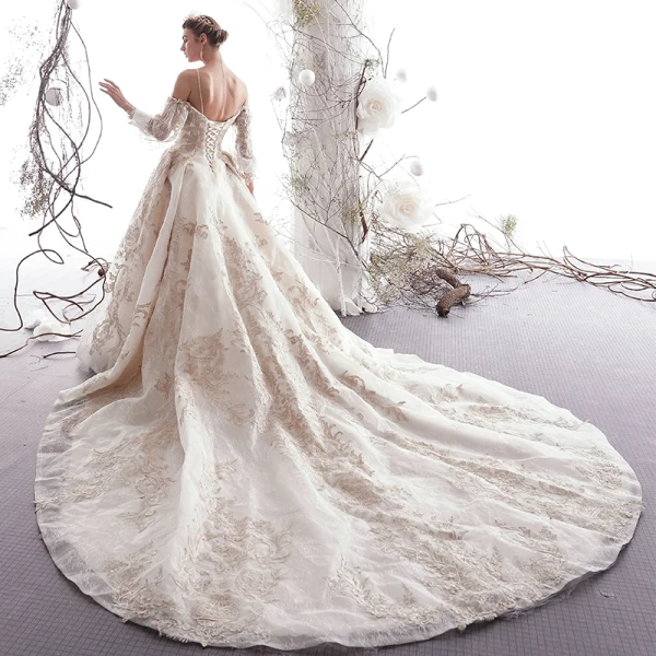 Luxury / Gorgeous Champagne Wedding Dresses 2019 A-Line / Princess Spaghetti Straps Beading Crystal Lace Flower 3/4 Sleeve Backless Royal Train