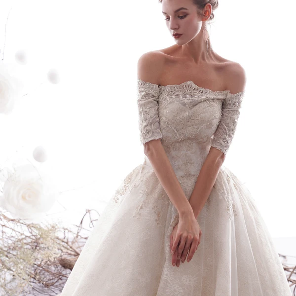 Luxury / Gorgeous Ivory Wedding Dresses 2019 A-Line / Princess Off-The-Shoulder Beading Lace Flower Short Sleeve Backless Royal Train