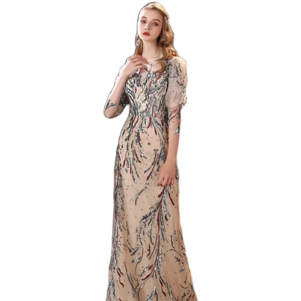 High-end Champagne Evening Dresses  2021 Trumpet / Mermaid Scoop Neck Beading Sequins Lace Flower 3/4 Sleeve Floor-Length / Long Evening Party Formal Dresses