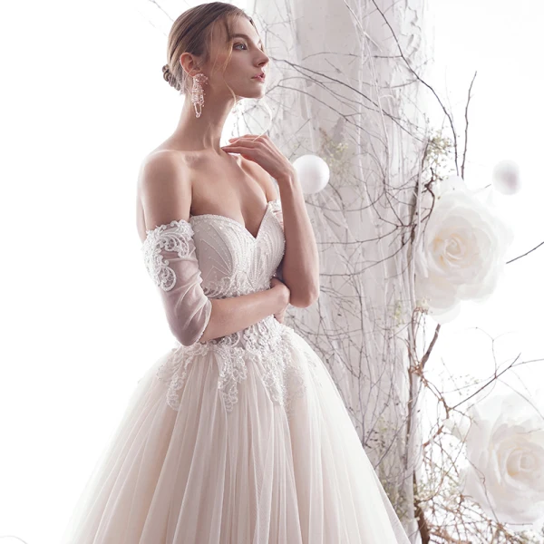 Chic / Beautiful Ivory Wedding Dresses 2019 A-Line / Princess Off-The-Shoulder Beading Lace Flower Short Sleeve Backless Floor-Length / Long